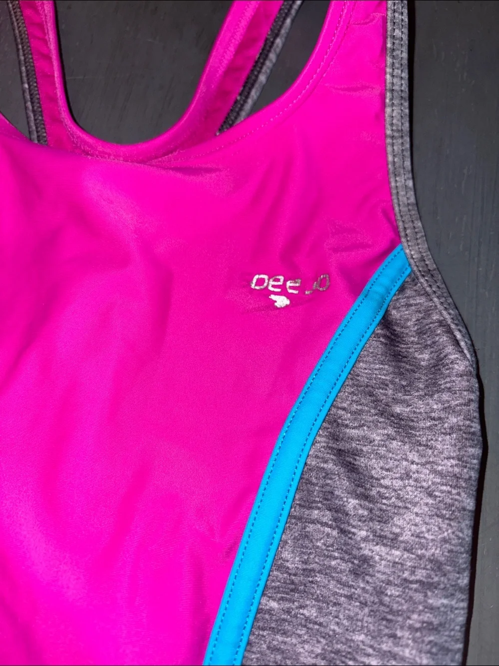 Speedo Pink One-Piece Swimsuit with Heather Gray Panels and Blue Trim sz 12 EUC